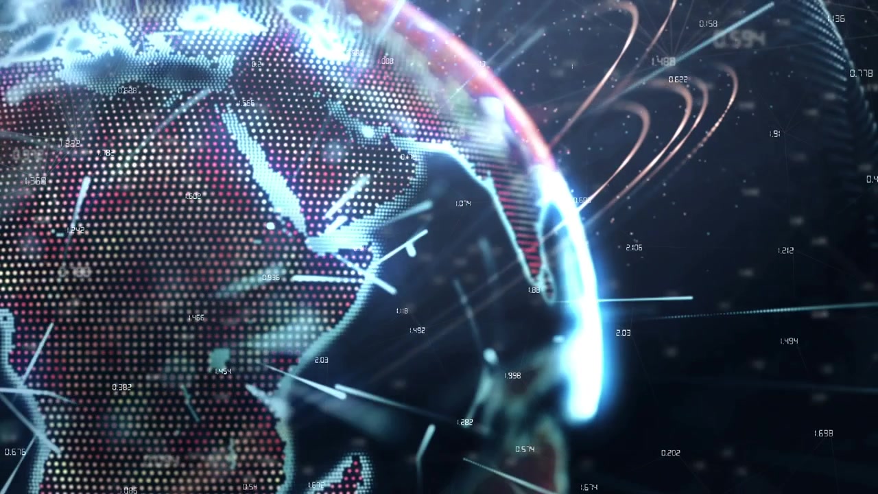 Animation of light trails over spinning globe against blue background