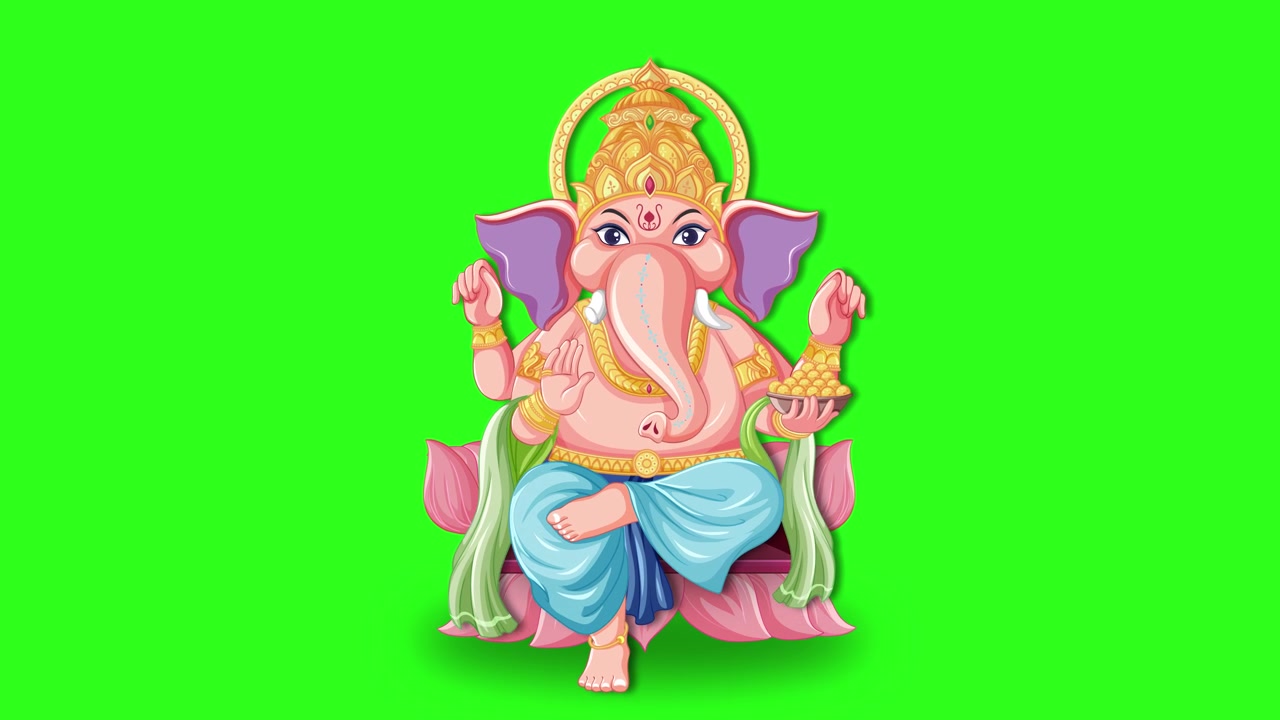 Una colorata divinità elefante a cartone animato appare e si siede su un trono di loto su sfondo verde