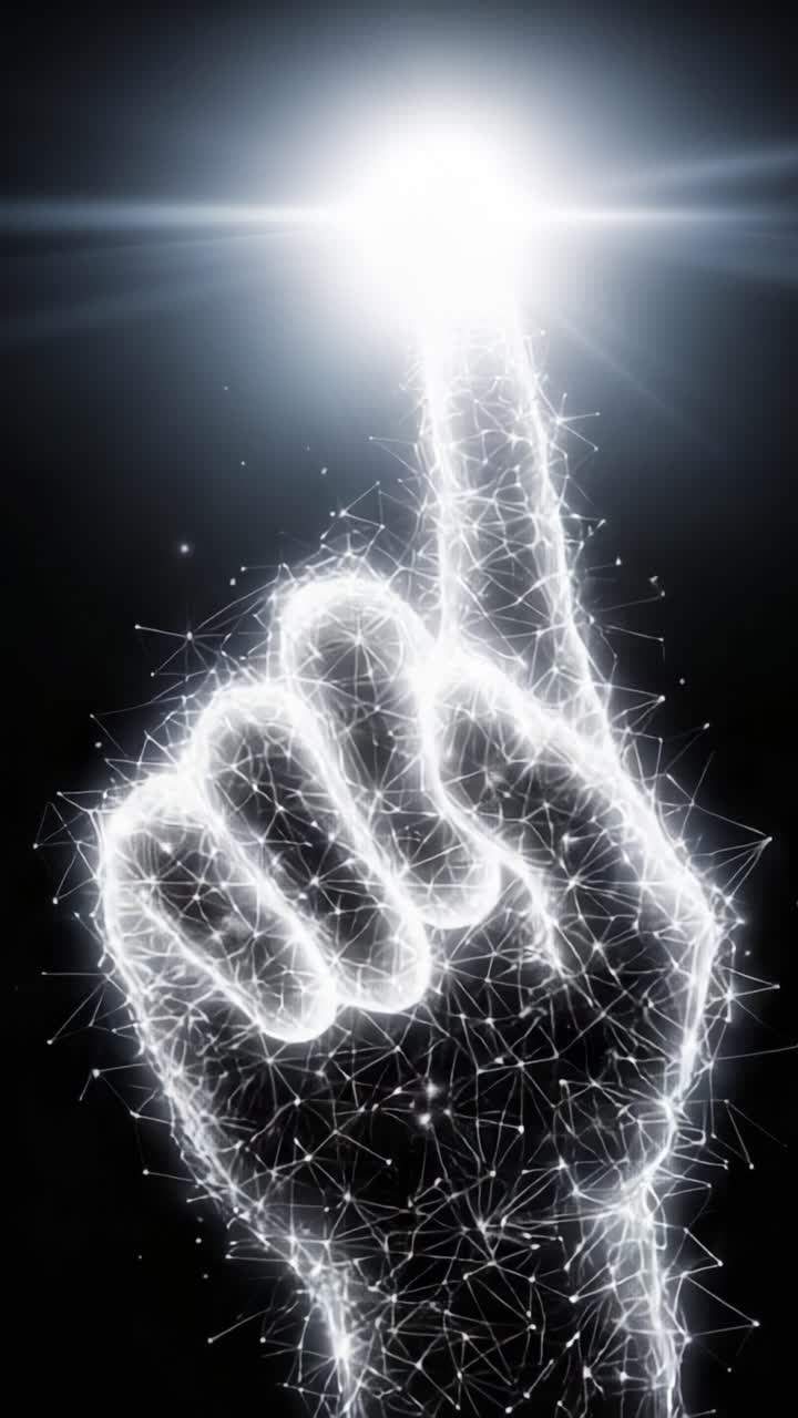Un gesto resplandeciente de iluminación: una representación digital de un dedo apuntando hacia una luz brillante, simbolizando esperanza, inspiración y conexión con el universo.