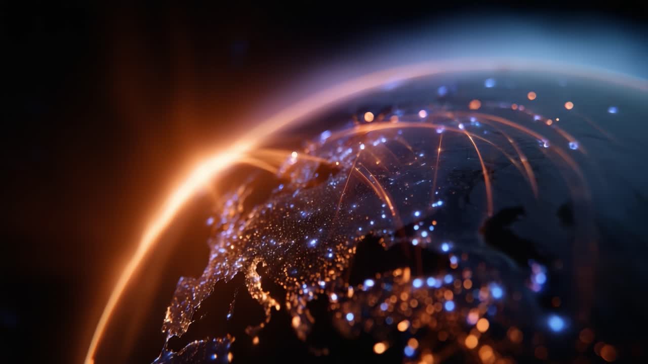 Aerial View of Earth at Night Highlighting Illuminated Cities and Connectivity Through Artistic Visualization of Light Trails Representing Global Interactions