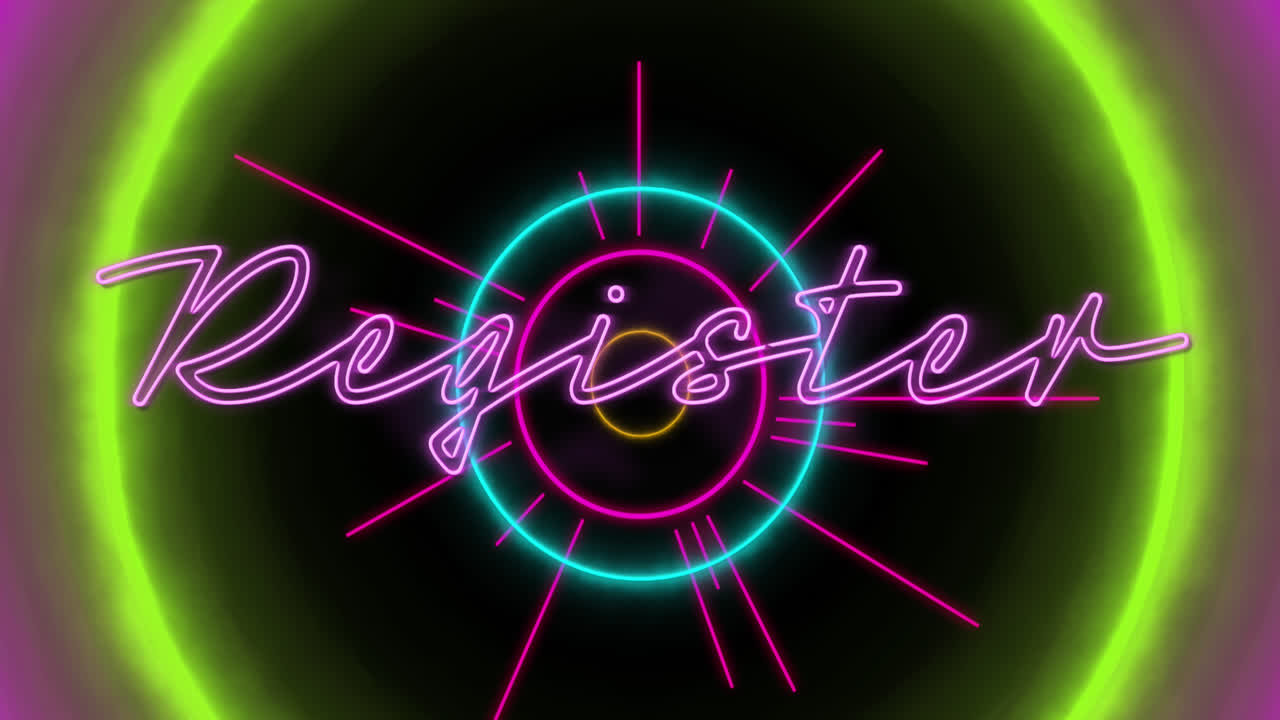 animación de círculos de neón y texto de registro en fondo negro