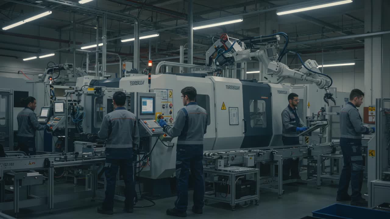 A Modern Industrial Facility Showcasing Advanced Robotic Automation and Skilled Technicians Operating High-Tech Machinery for Efficient Production Processes