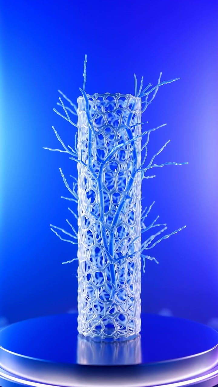 Forma a reticolo cilindrica alta e centrata con maglia a nido d'ape e viticci filamentosi che si proiettano verso l'esterno e verso l'alto, base lucida riflettente, bagliore da studio blu e viola freddo, isolato su sfondo pulito