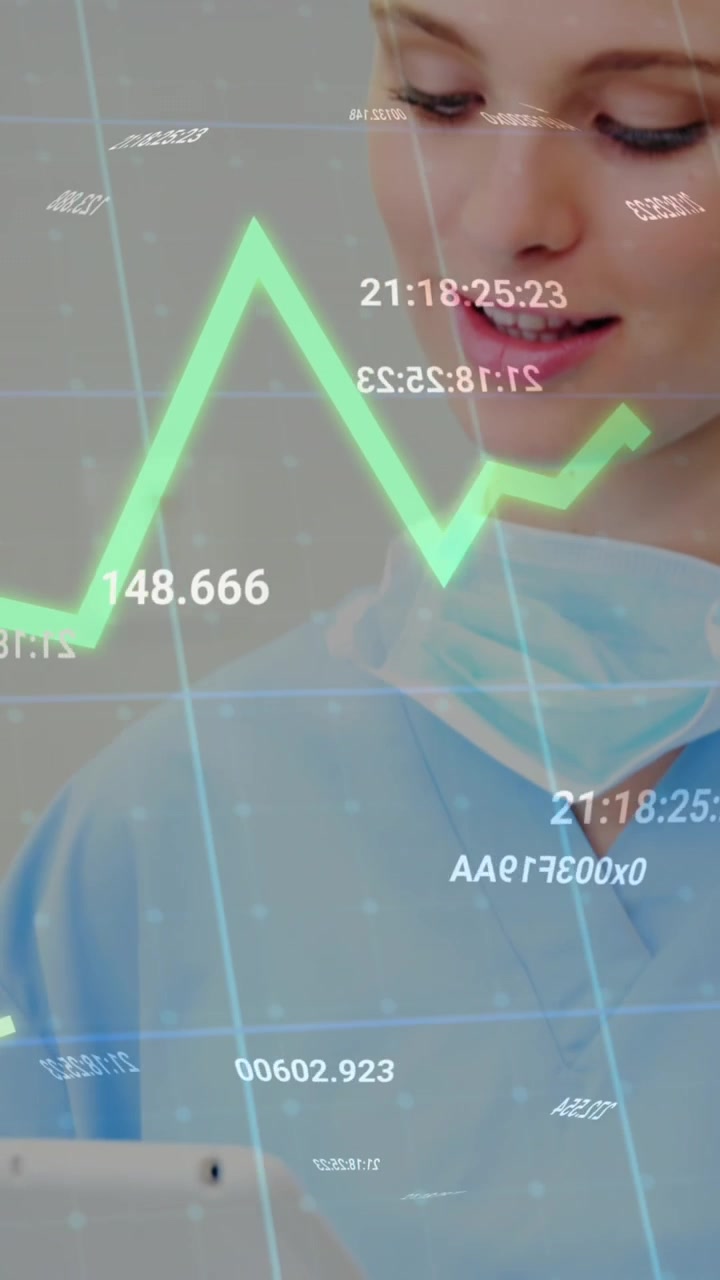 Animazione di elaborazione dati statistici su una dottoressa caucasica che usa un tablet in ospedale