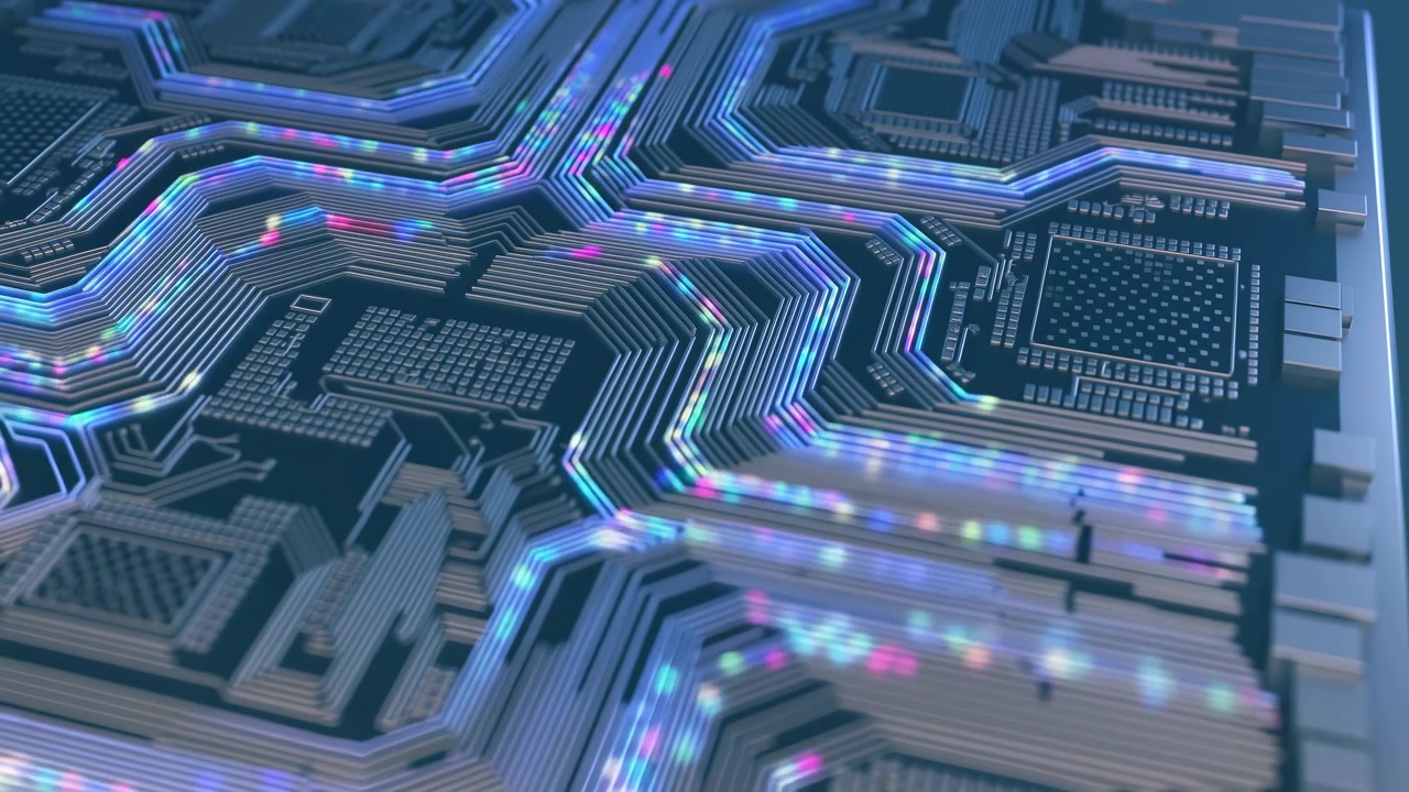 Low-angle macro view of printed circuit board showing stacked metallic traces and chip pads with concentrated multicolored point highlights moving along