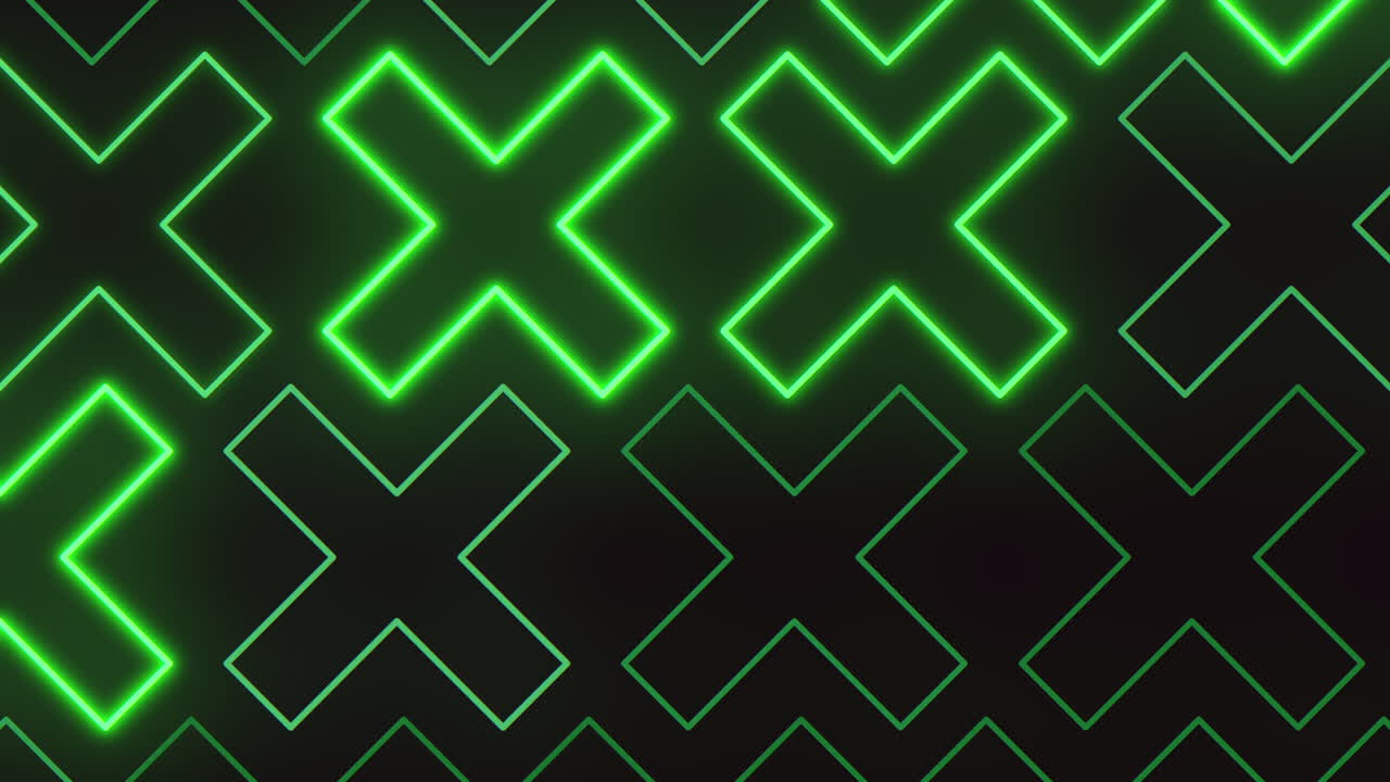 Forme a X dinamiche e luminose di colore verde neon che creano un motivo geometrico ripetitivo su uno sfondo scuro, un filmato techno astratto ideale per video musicali, overlay per giochi, pareti LED e motion design moderno.