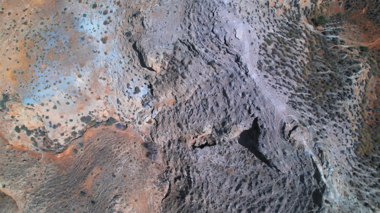 Birdseye view of the rugged arid hills of the Gorafe desert, Granada, Andalusia, Spain