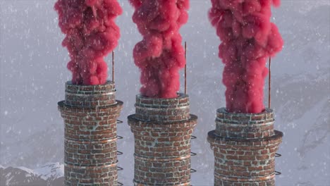 humo rosa de las chimeneas en un paisaje montañoso nevado