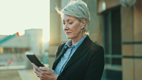 phone, woman and ceo thinking in city