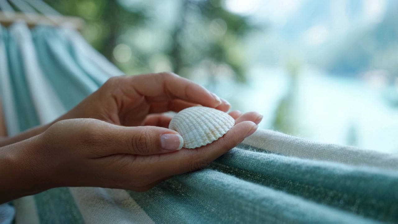 A Serene Moment by the Water’s Edge: Examining a Beautiful Shell While Relaxing in a Hammock Surrounded by Nature's Splendor in a Tranquil Setting