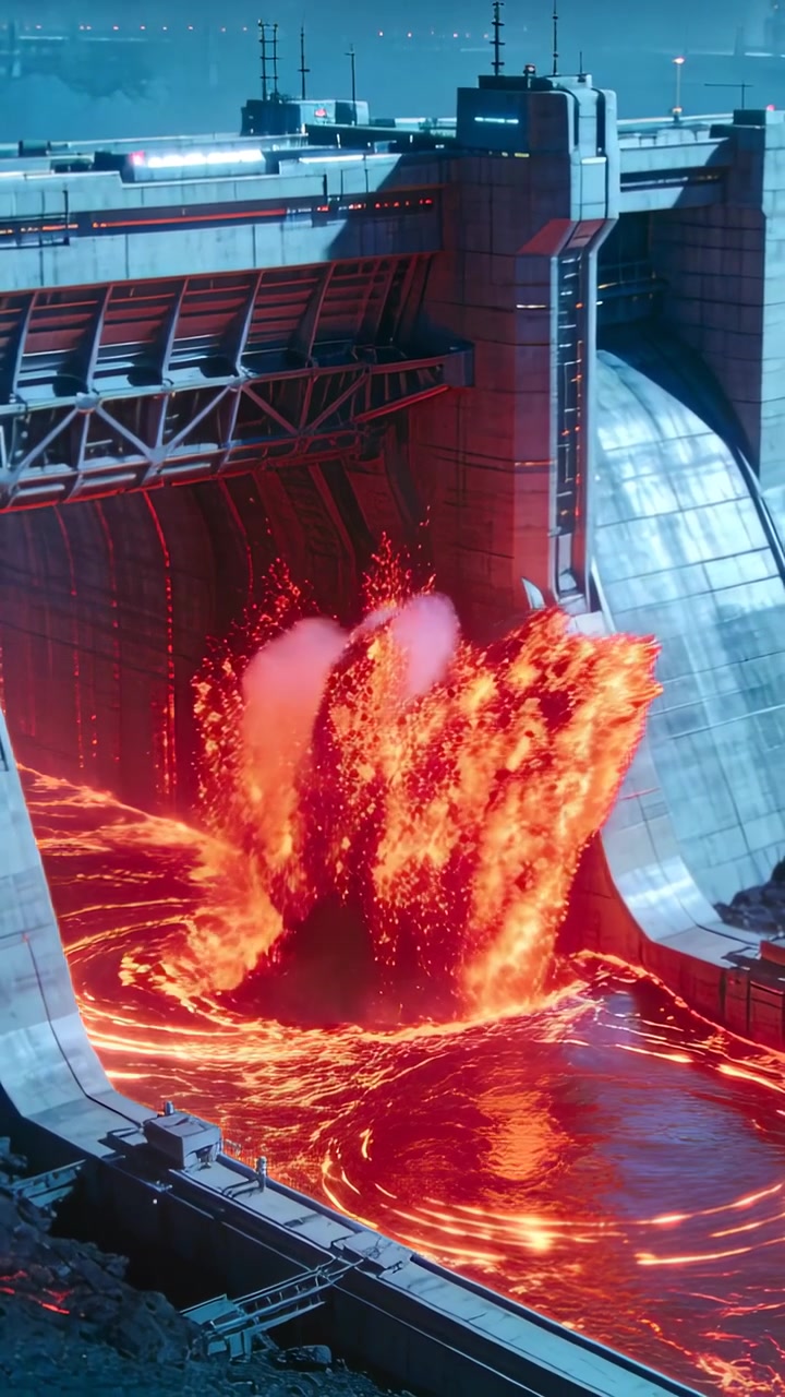 Vertical video: Vortex intensifying, glowing molten fluid erupting at dam spillway, striking basin