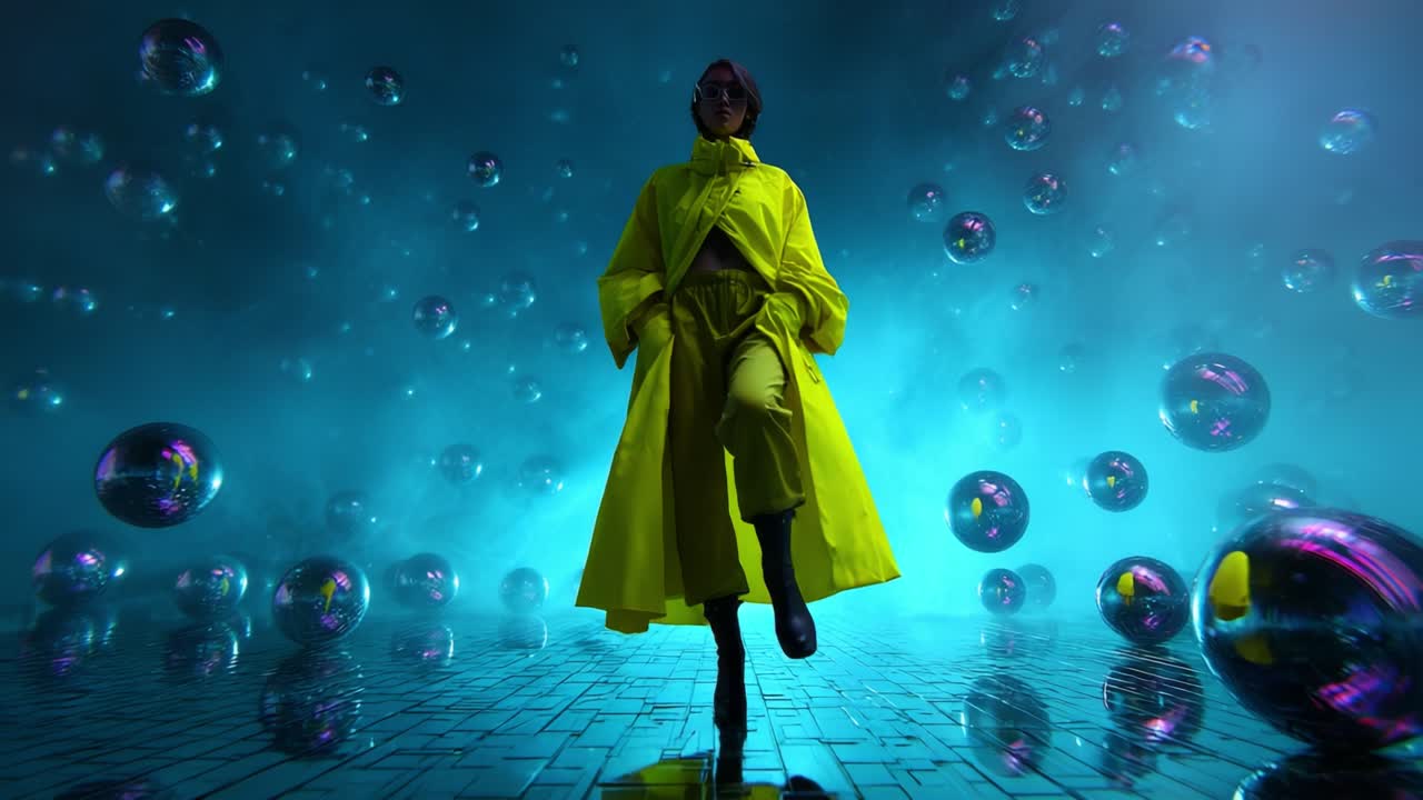 Una figura sorprendente con un impermeabile giallo vivace avanza con sicurezza in un ambiente etereo, pieno di sfere riflettenti e nebbia, creando un’interazione ipnotica di colori e luci