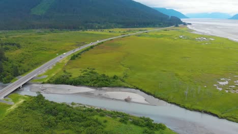 4K-Cinematic-Drone-Video-of-Marsh-in-Turnagain-Arm-Bay-at-Glacier-Creek-along-Seward-Highway-Alaska-Route-1-near-Anchorage,-AK