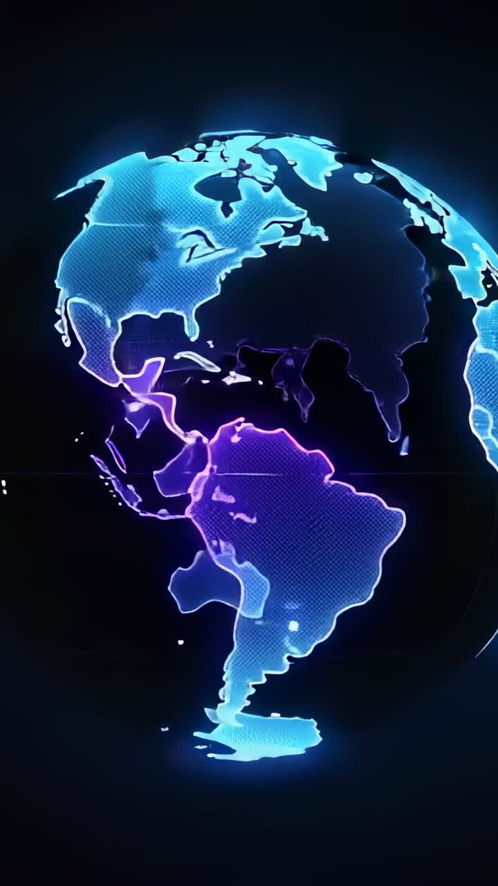 Vertical video: Starting neon wireframe globe rotating in grid, revealing nodes across continents