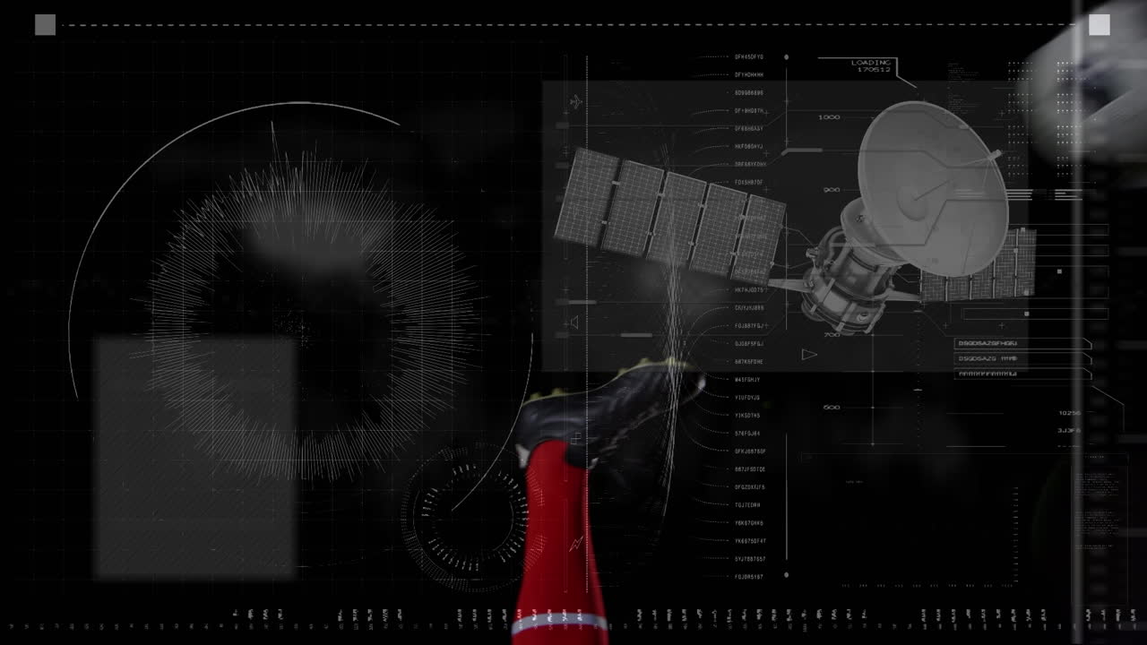 Animation of data processing over mid section of male soccer player taking a bicycle kick