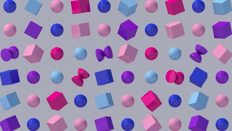 rosas, púrpuras, formas azules girando. fondo gris. animación abstracta, renderizado en 3d.