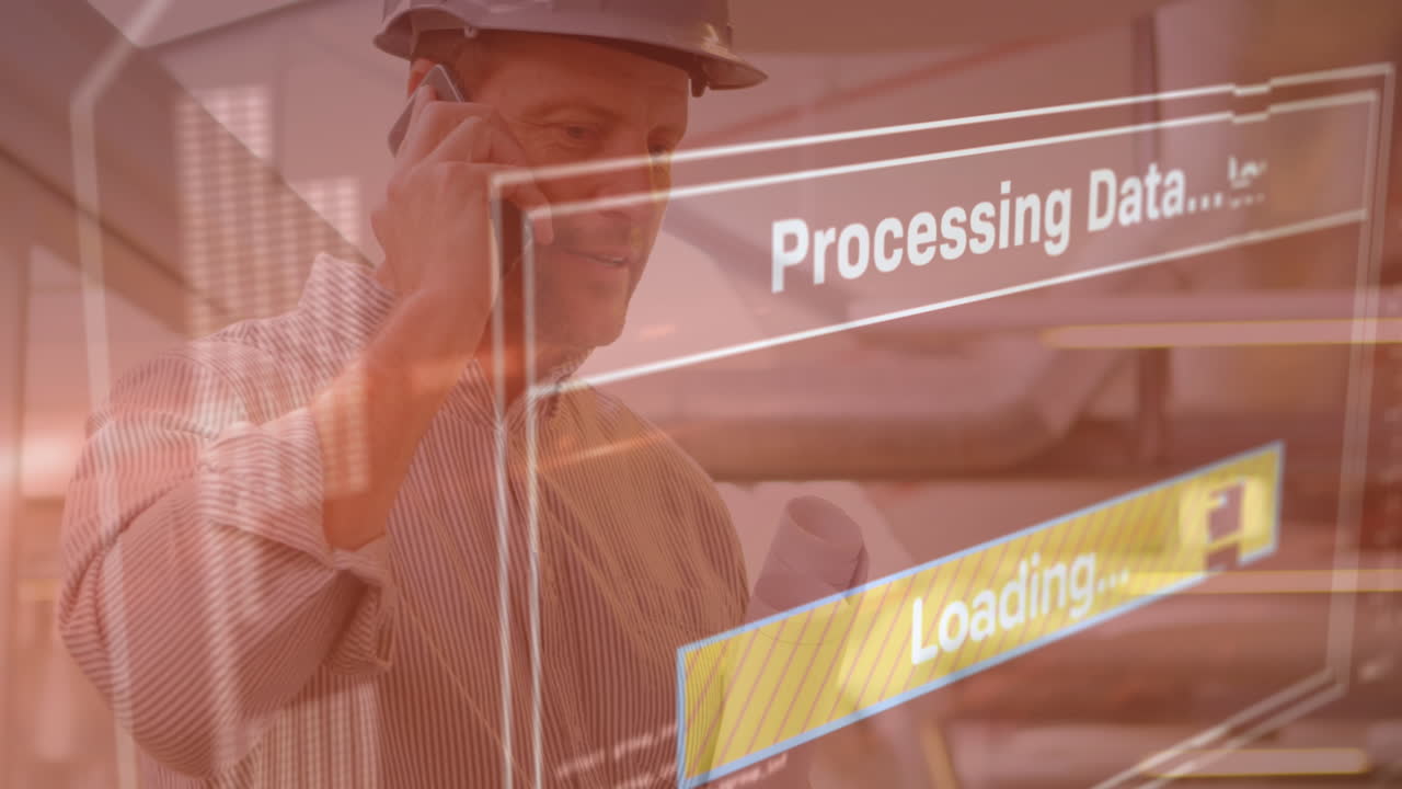 анимация обработки данных на экране над архитектором с использованием смартфона