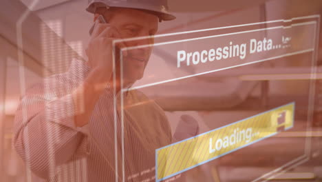 animation of data processing on screen over architect using smartphone