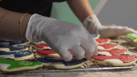 Woman-decorates-homemade-vehicle-shaped-cookies-with-sugar-icing