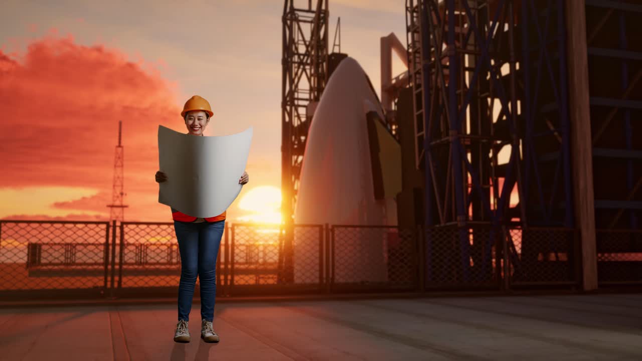 cuerpo lleno de ingeniera femenina asiática con casco de seguridad mirando el plano en sus manos mientras estaba de pie con el transbordador espacial, hora de la puesta del sol