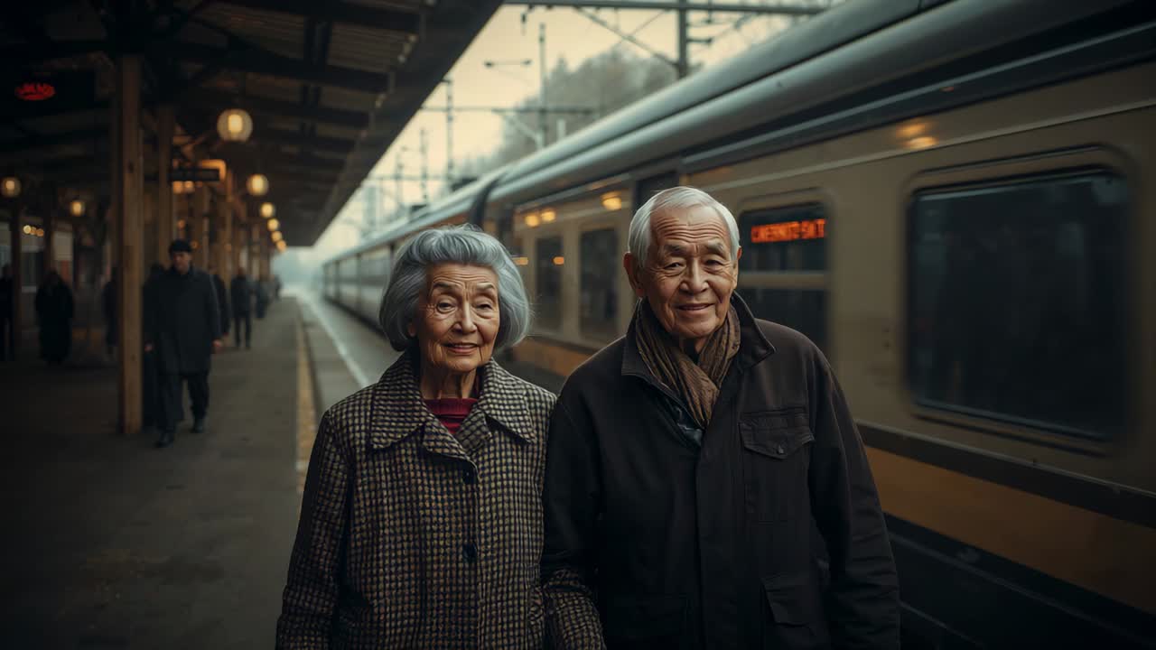 Standing senior couple in coats and scarf waiting to board as train idles at platform