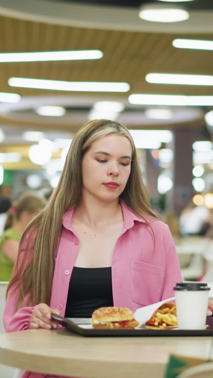 dama blanca en vestido rosa se sienta para almorzar, ajusta su cabello con una mirada elegante, agarra su bebida, hamburguesa y papas fritas en la bandeja en el frente, luces bokeh y vista borrosa de la gente en el fondo
