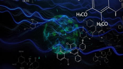 chemical formulas and molecular structures over abstract digital globe and blue waves