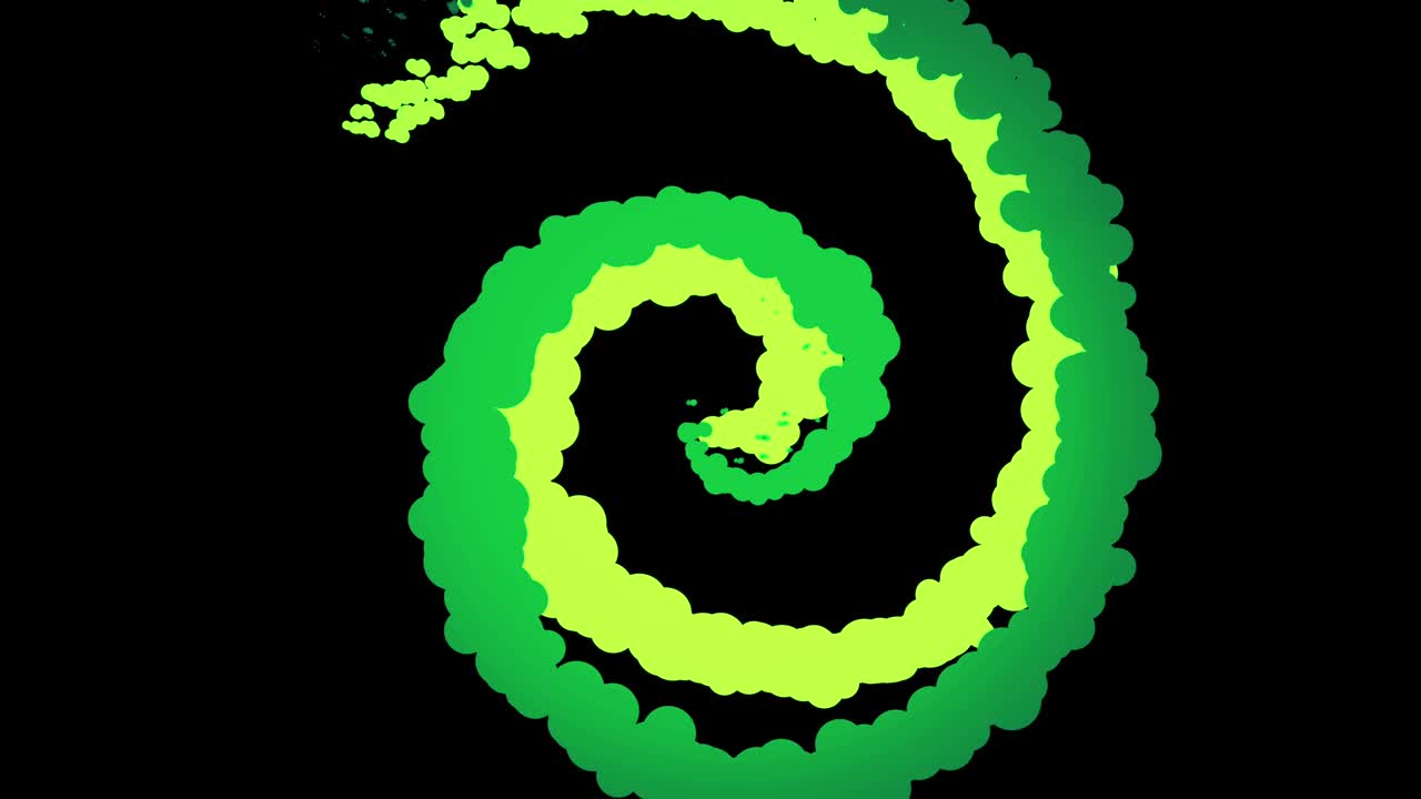 Abstract spiral background with green bubbles spinning isolated on black background, seamless loop. Animation. Funnel formed by wide unusual stripes with uneven edges