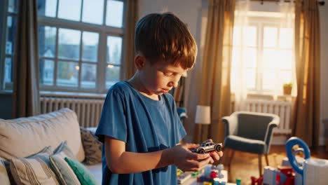 young boy is engrossed in playing with a toy car in a cozy living room, illuminated by warm sunlight streaming through the window, surrounded by other toys scattered around