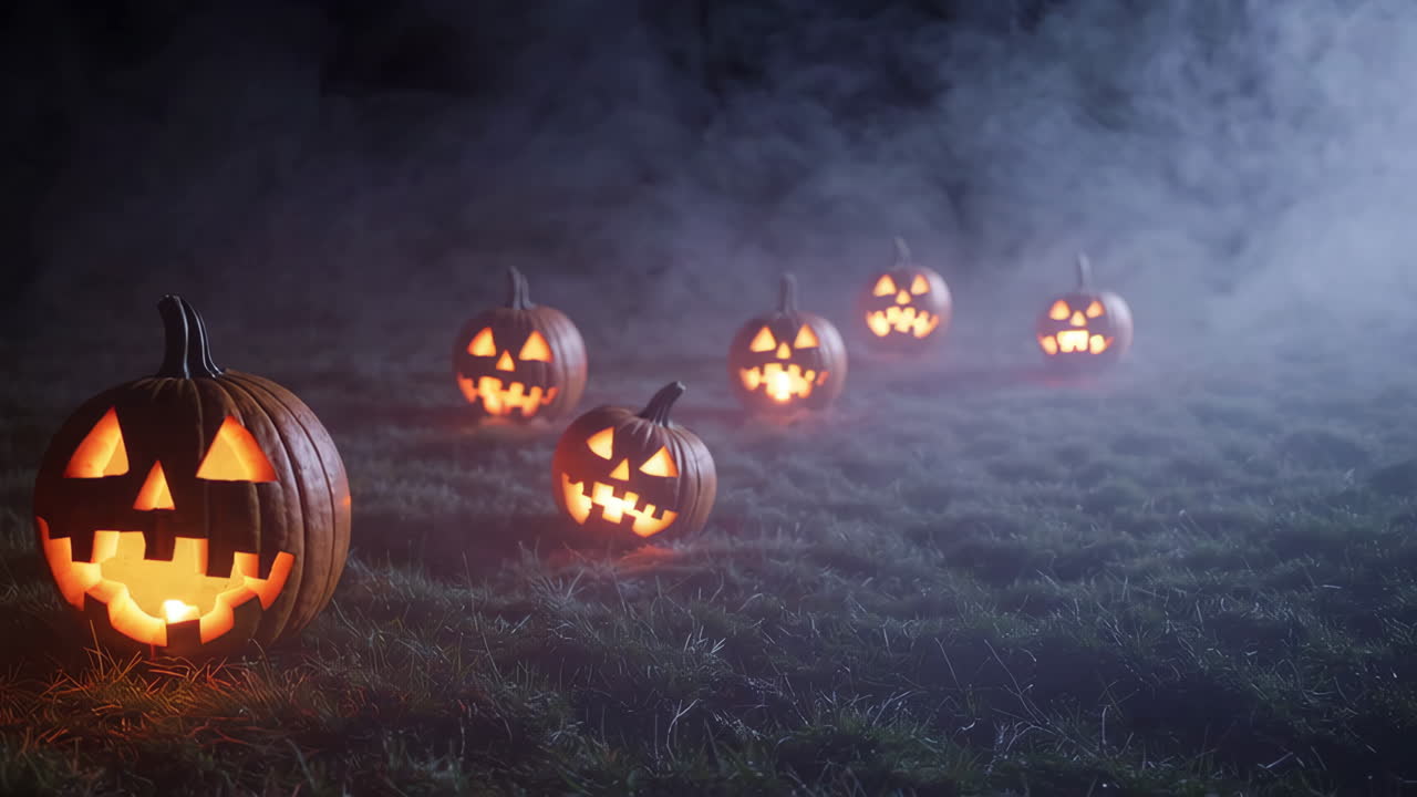 Spooky Jack-o'-Lanterns in a Foggy Forest