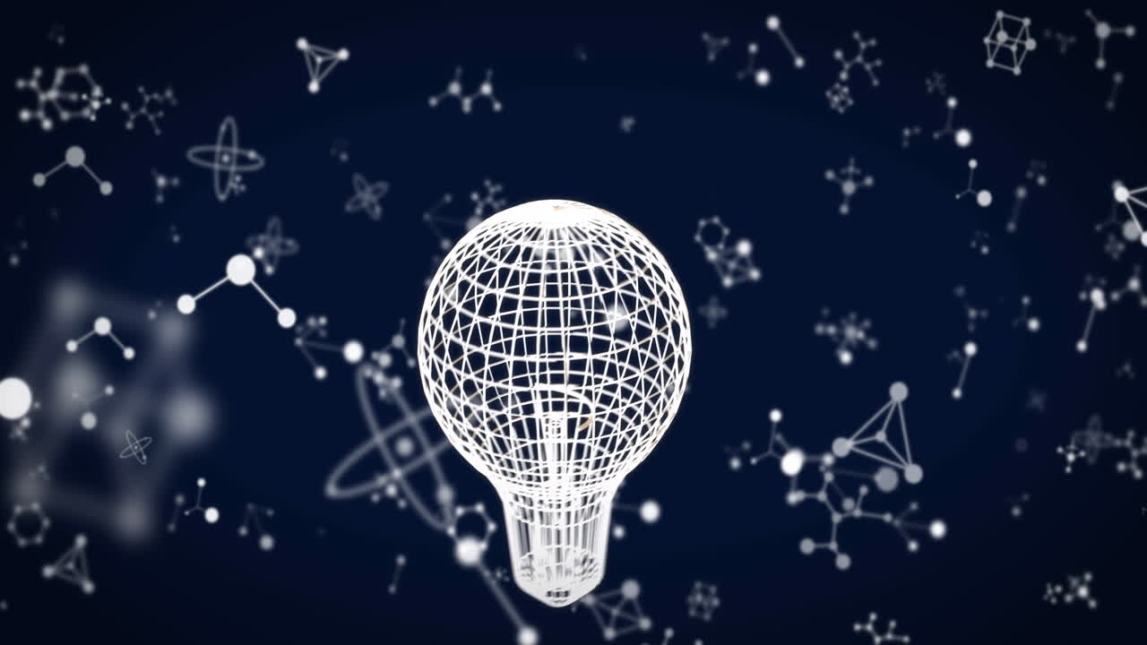 animación del icono de la bombilla sobre las moléculas en fondo negro