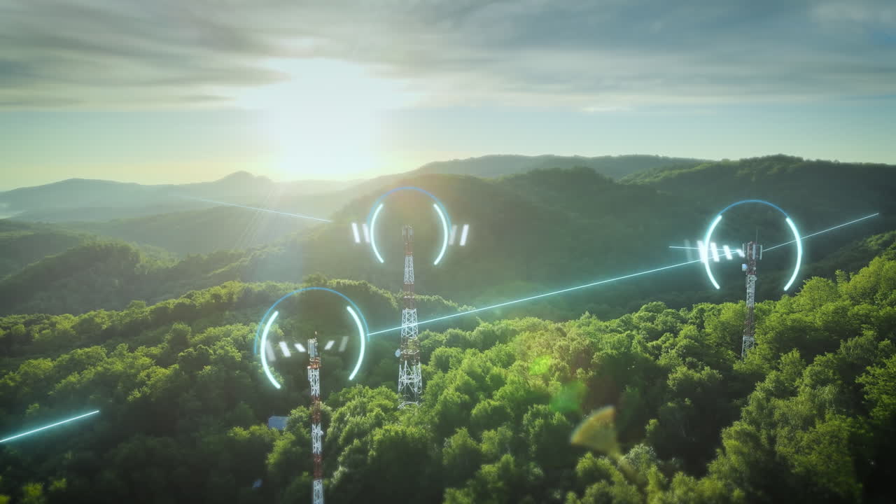 Telecommunication towers in green clean forest area exchange network data through glowing lines