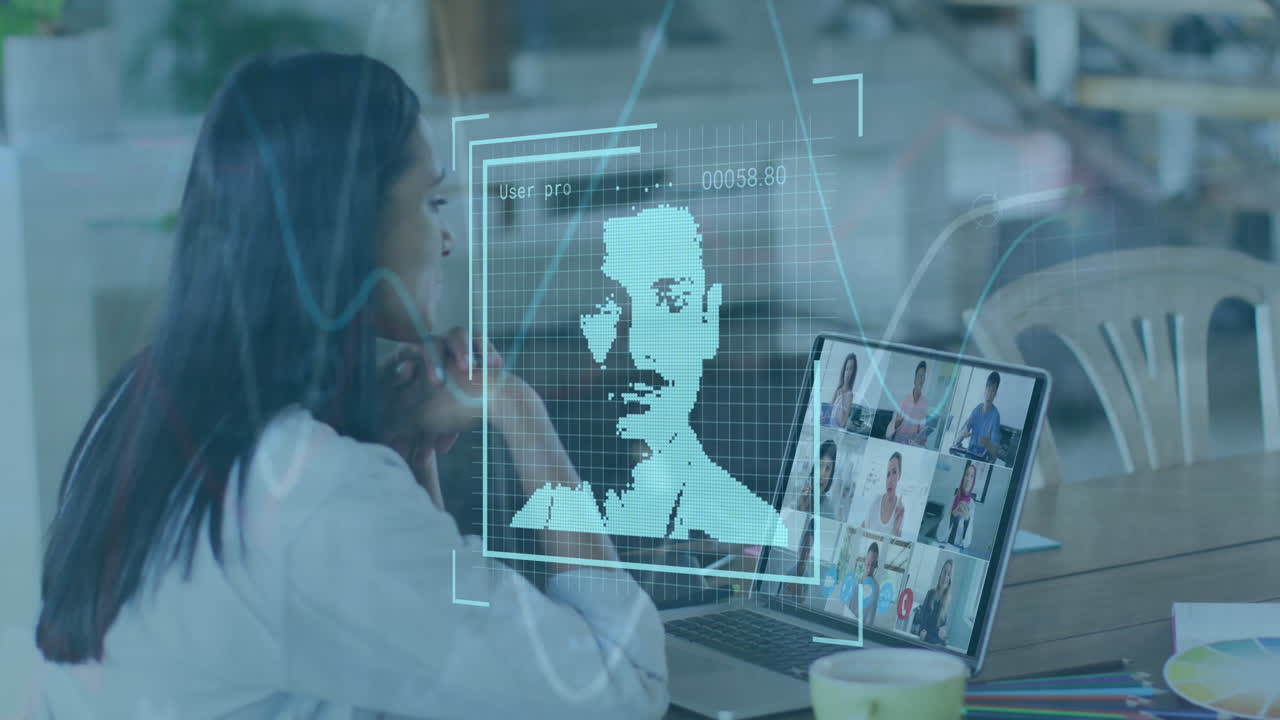 Animation of changing profile icons against rear view of a woman having a video conference on laptop