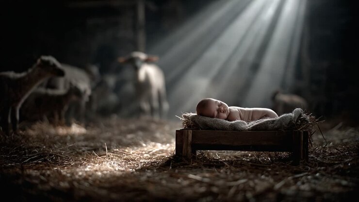 A Serene Newborn Baby Sleeping Peacefully in a Rustic Barn Surrounded by Gentle Sheep Under Soft Light Streaming Through the Beams