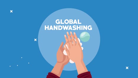 animación de letras de lavado de manos global con manos y espuma