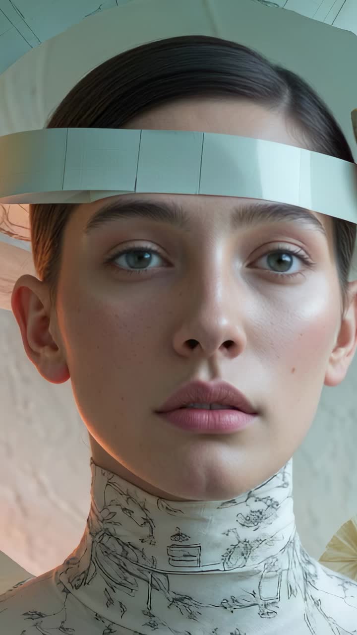 Vertical video: Female model closing eyes as crew bringing gold rolls in studio wearing silver band