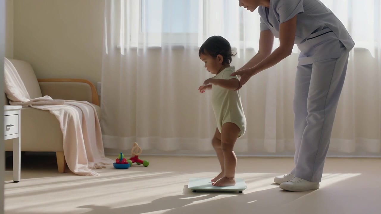Walking toddler being prompted by scrub-clad caregiver reach, stepping on pad in clinic with tablet