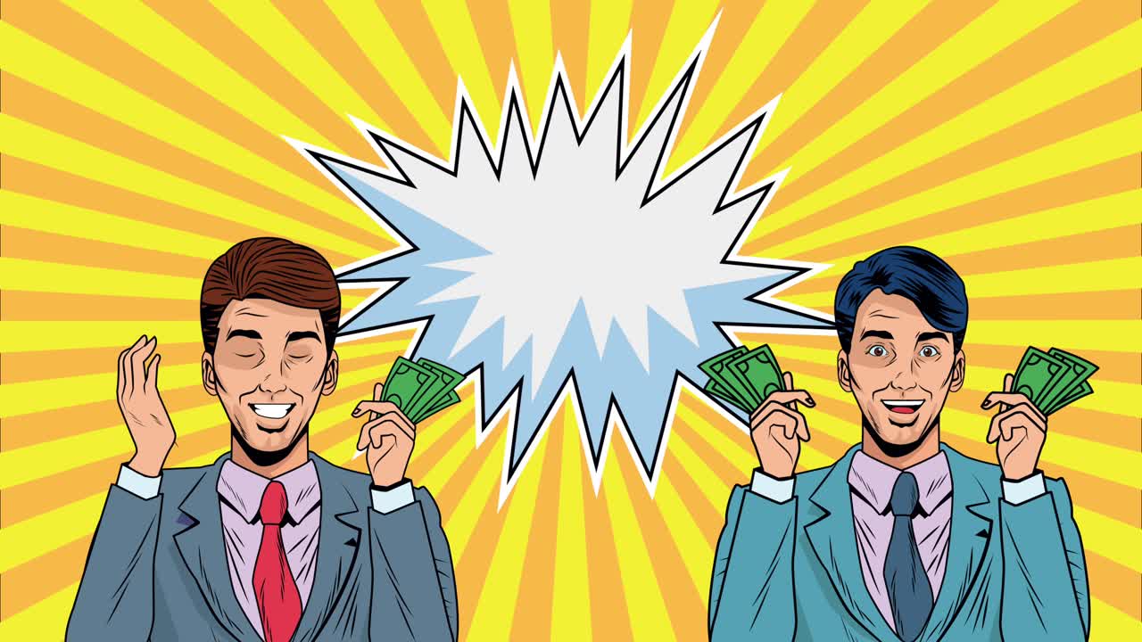 지폐와 달러를 가진 사업가 팝 아트 애니메이션