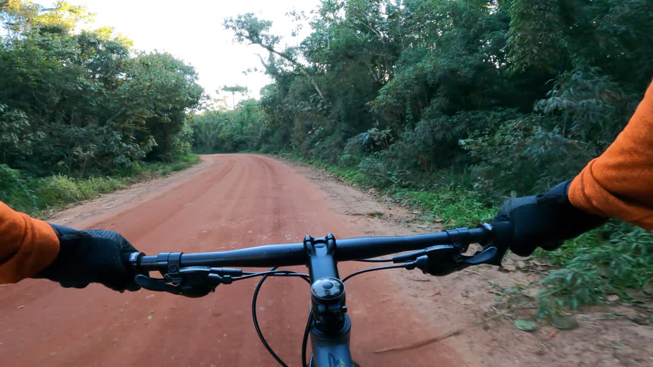Cyclist riding fast on a dirt road through the forest, first person view