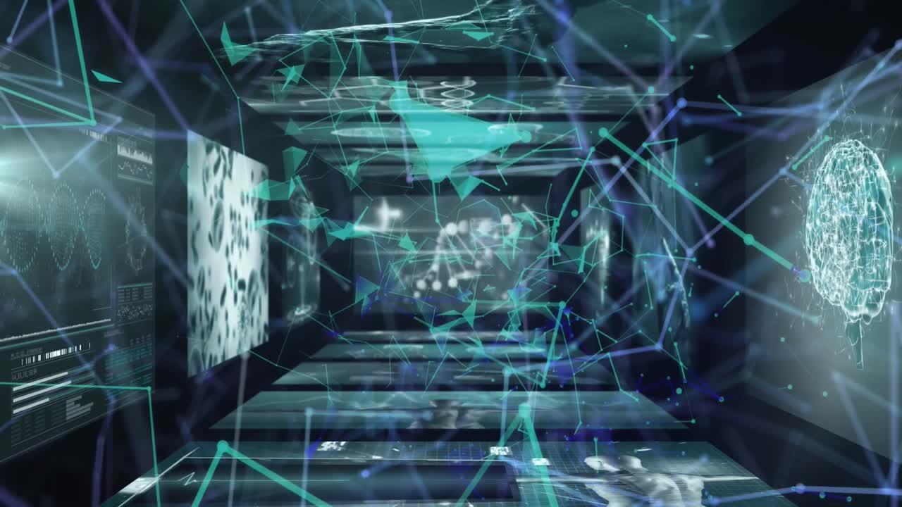 여러 의료 인터페이스를 연결하고 기하학적 모양을 형성하는 점의 애니메이션