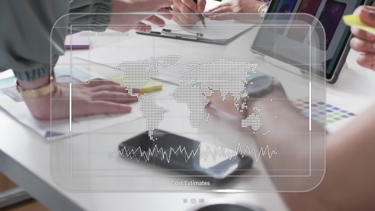 Animation of screen with data processing over diverse business people in office