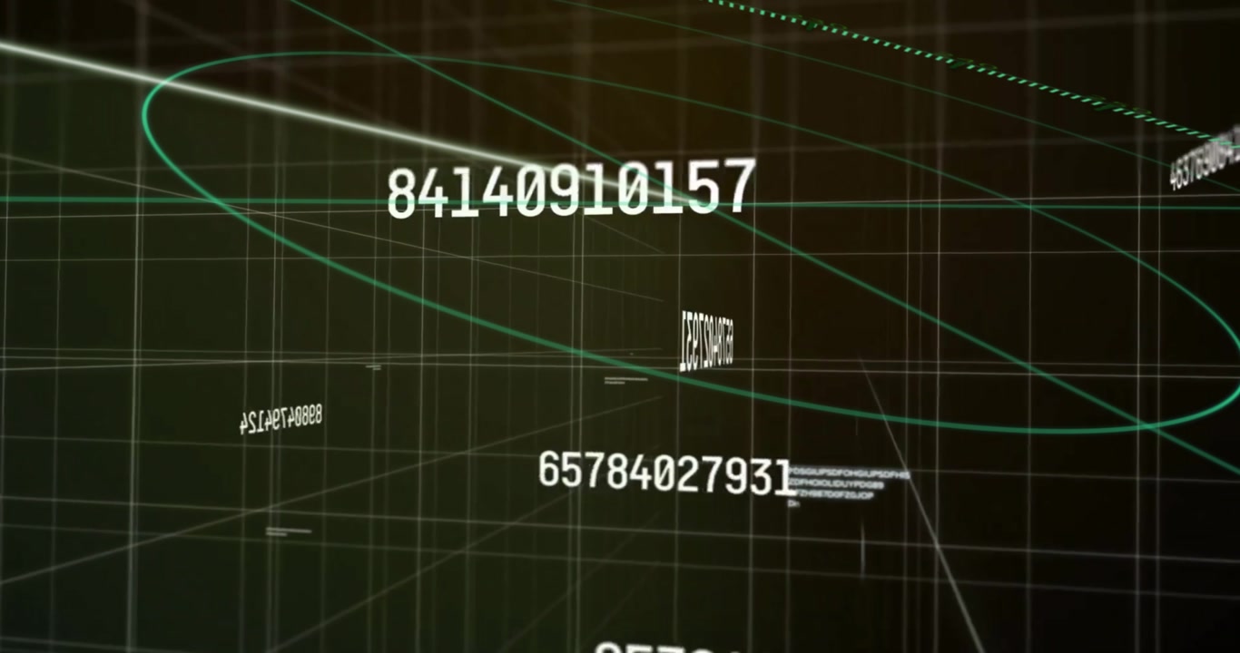 Dark grid rotating triggers green diagonal beam emerging, scanning labels updating visualizing data