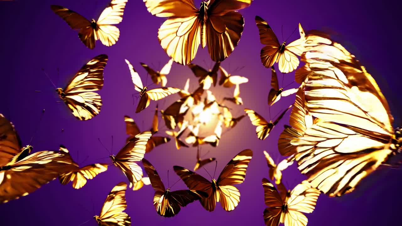 Un video riprende farfalle dorate in volo su sfondo viola, visto dal basso
