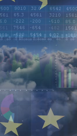 animación del procesamiento de datos sobre nubes y bandera de la ue