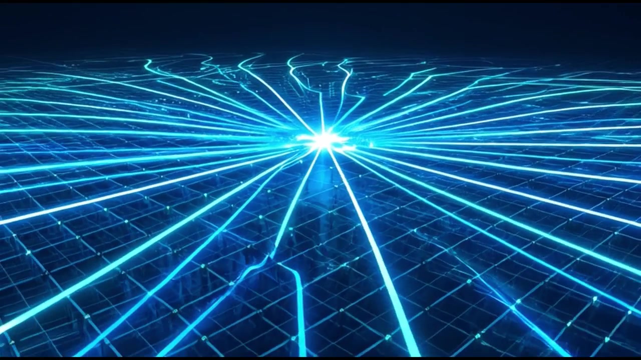 Abstract Digital Grid with Glowing Blue Lines Spreading from a Central Light