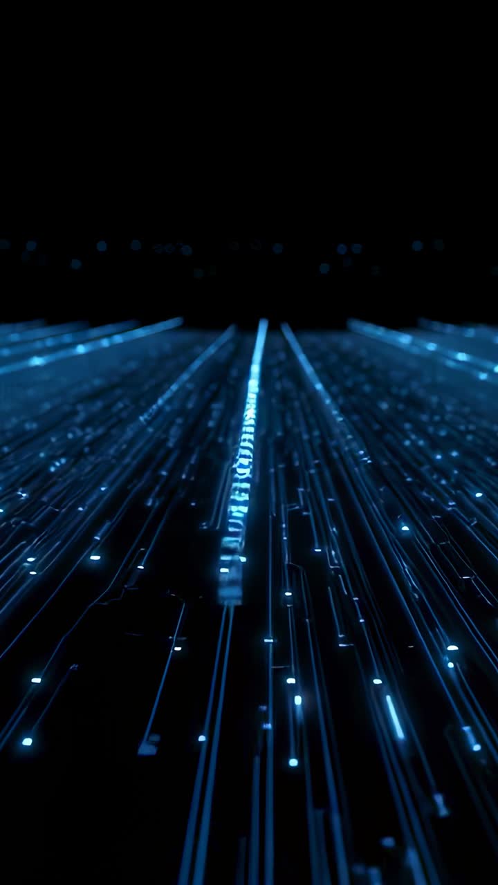 Video verticale: griglia che si sposta da un fotogramma scuro nel vuoto, con linee al neon, punti e colonne di luce