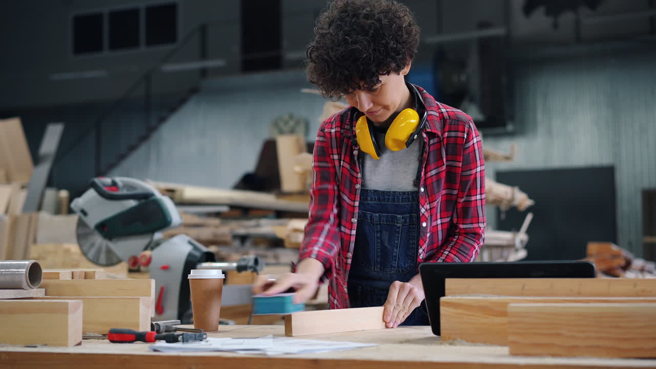 Woman Sanding Wood in a Workshop