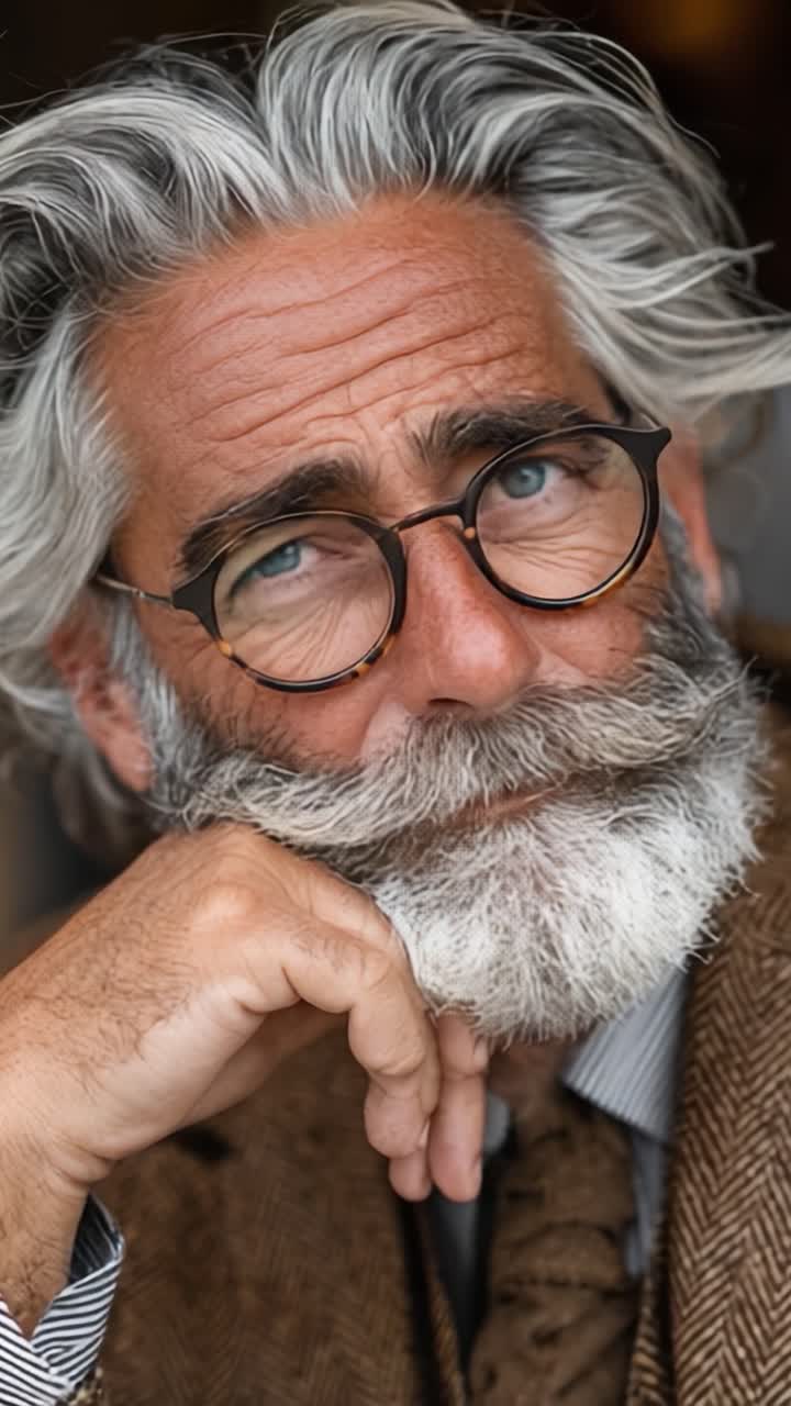 Un signore pensieroso con capelli argentati e occhiali medita sui misteri della vita con stile elegante, catturato in momenti di riflessione e saggezza.