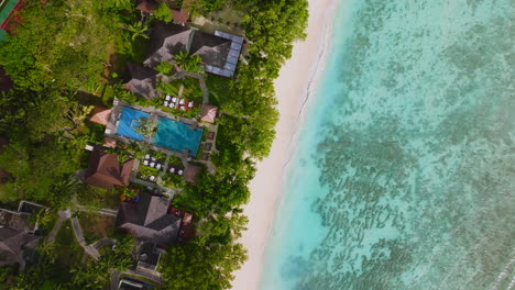 Aerial-drone-view-of-travel-destination-exotic-beach-resort-in-the-Seychelles-Islands