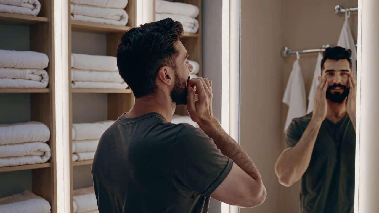 Man Checking His Beard in the Bathroom